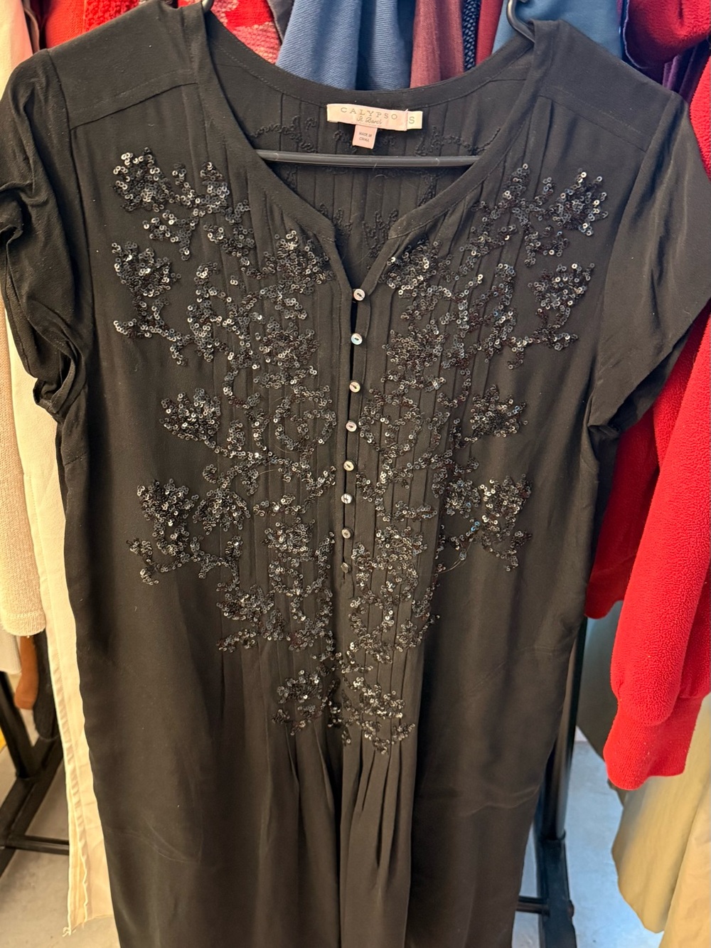 Calypso St. Barth Black Sequin-Embellished Button Front Tunic